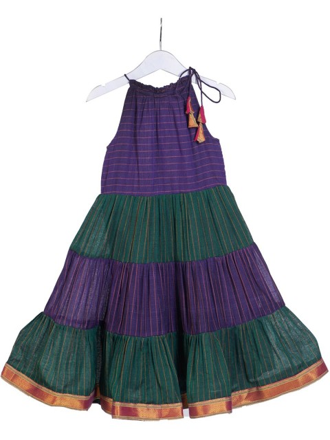 

myRiti Navy Blue & Green Colourblocked Ethnic A-Line Cotton Maxi Dress