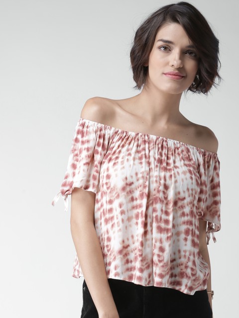 

FOREVER 21 Women Off-White Rust Orange Printed Bardot Top
