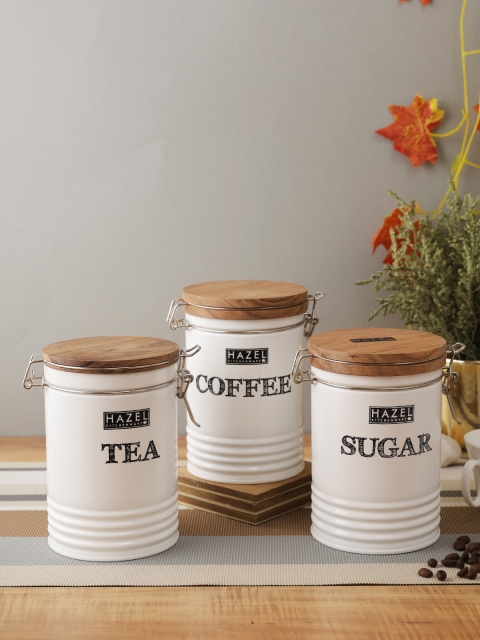 

HAZEL Set Of 3 White Tea Coffee Sugar Containers With Wooden Lid