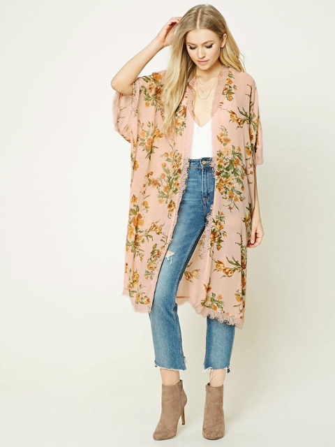 

FOREVER 21 Peach-Coloured Printed Longline Shrug