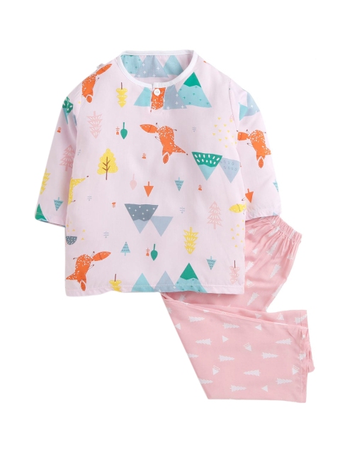 

Hopscotch Girls Pink & White Printed Cotton Night suit