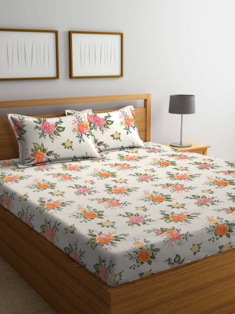 

BOMBAY DYEING Cream-Coloured & Orange Floral 120 TC Queen Bedsheet with 2 Pillow Covers