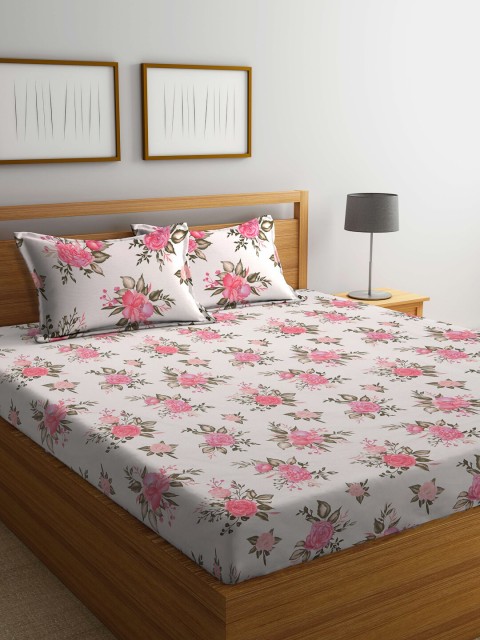

BOMBAY DYEING Off White & Pink Floral 120 TC Queen Bedsheet with 2 Pillow Covers