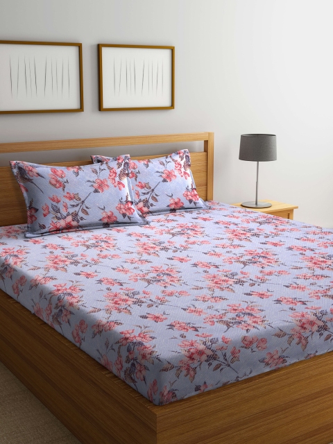 

BOMBAY DYEING Blue & Red Floral 120 TC Cotton Queen Bedsheet with 2 Pillow Covers