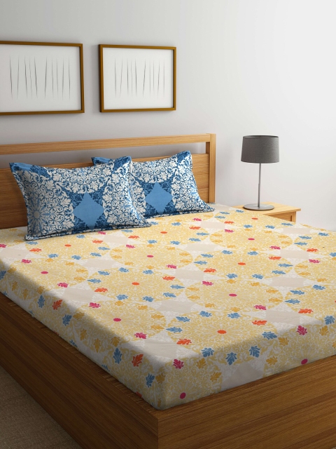 

BOMBAY DYEING Yellow & Blue 120 TC Cotton Queen Bedsheet with 2 Pillow Covers