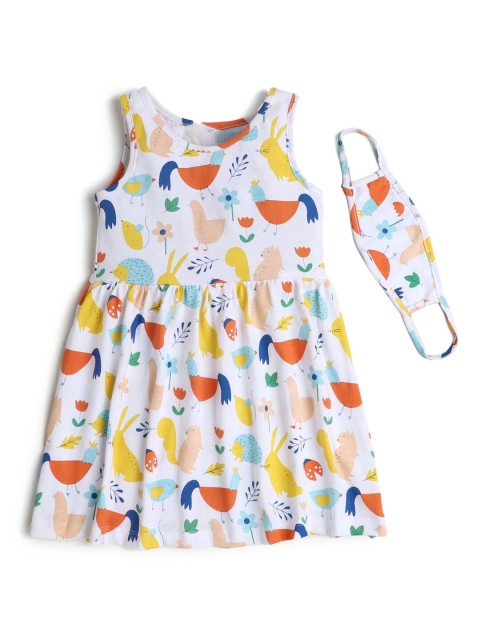 

Hopscotch White & Multicoloured Sleeveless Fit and Flare Dress with a Mask