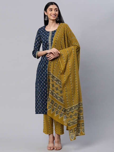 

KAMI KUBI Blue & Olive Green Printed Pure Cotton Unstitched Dress Material