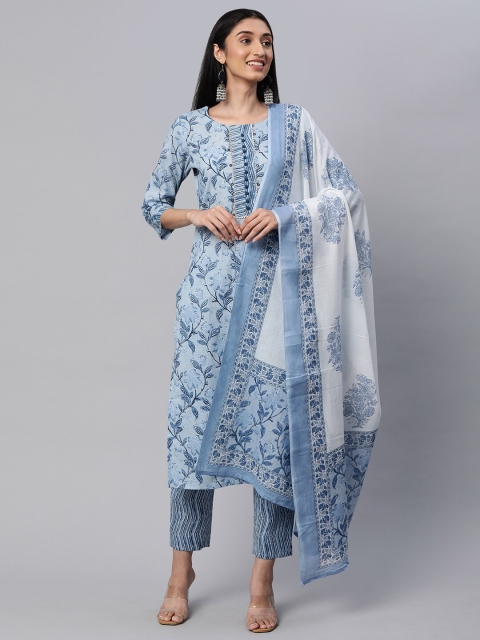 

KAMI KUBI Blue & White Printed Pure Cotton Unstitched Dress Material