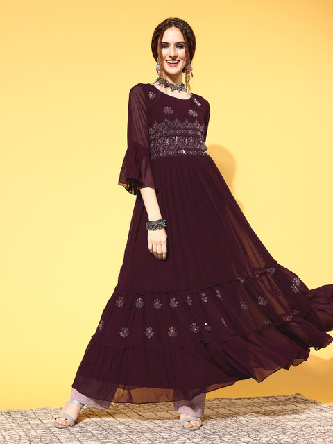 

ZOLA Women Burgundy Georgette Bling it On Kurta