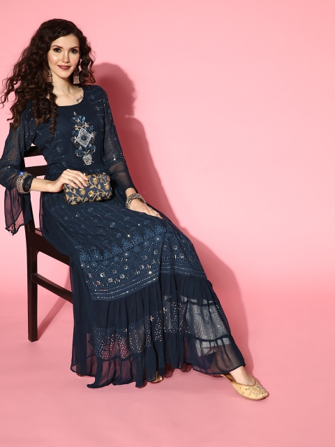 

ZOLA Women Navy Blue Georgette Ethereal Embroidery Kurta