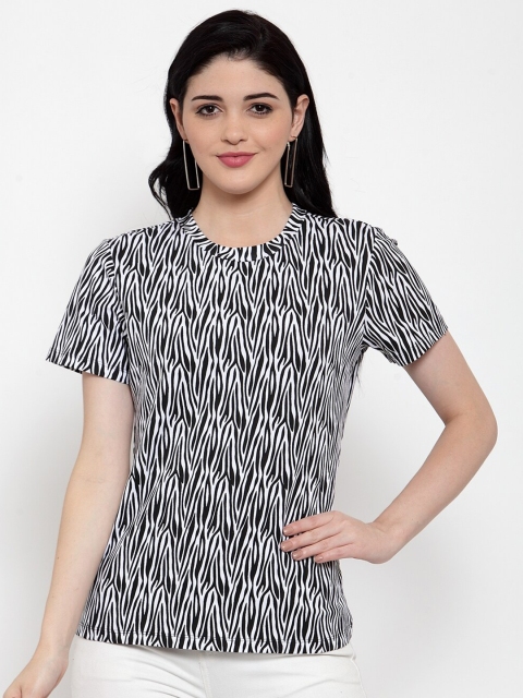 

DOOR74 Women White Tribal Printed Monochrome T-shirt