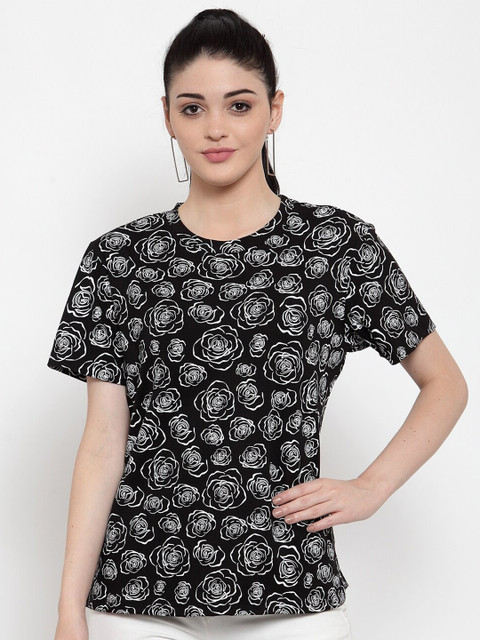 

DOOR74 Women Black Printed T-shirt