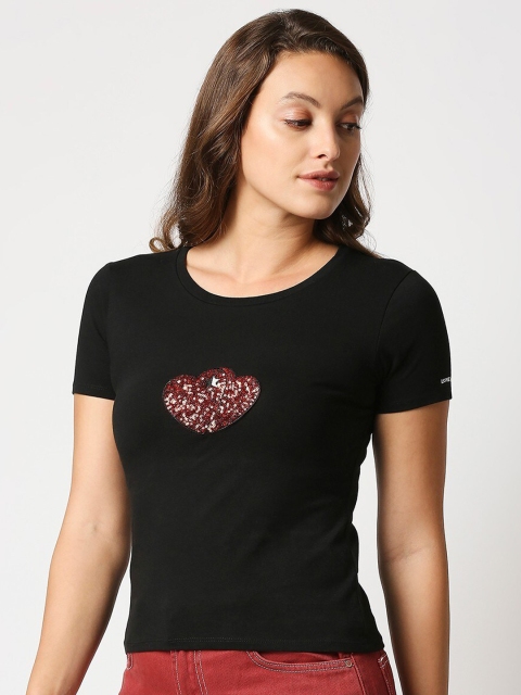 

LOVEGEN Women Black Typography Printed Outdoor T-shirt