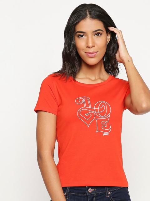 

LOVEGEN Women Red Typography Printed Raw Edge Outdoor T-shirt