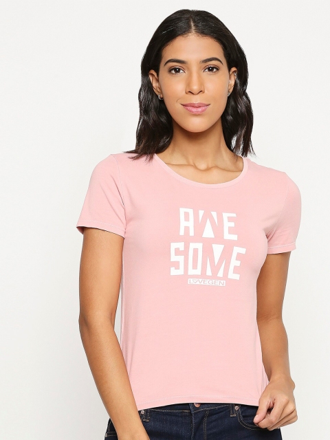 

LOVEGEN Women Pink Typography Applique Outdoor T-shirt