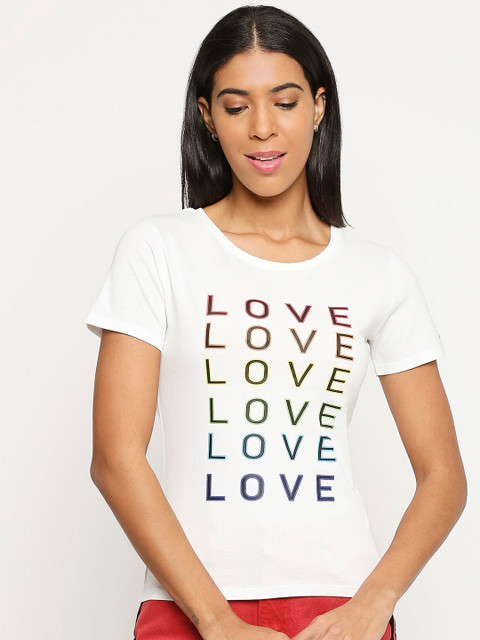 

LOVEGEN Women White Typography Printed Raw Edge Outdoor T-shirt