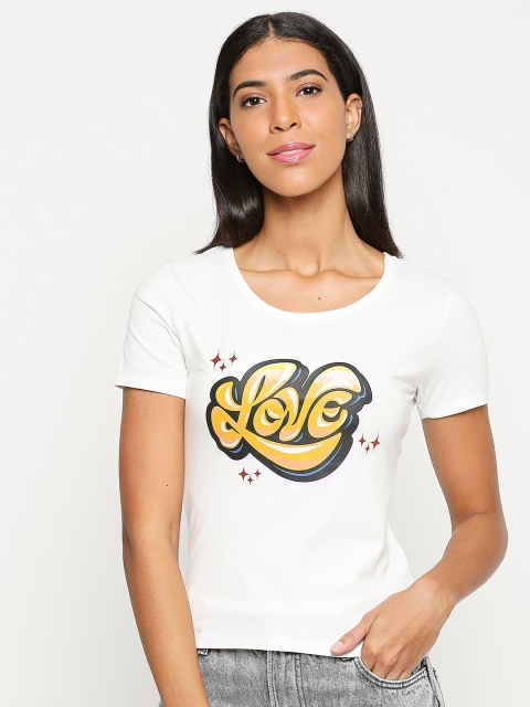 

LOVEGEN Women White Typography Printed Outdoor T-shirt