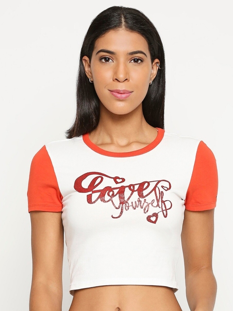 

LOVEGEN Women White Typography Printed Slim Fit Outdoor T-shirt