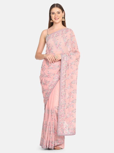 

BOMBAY SELECTIONS Peach-Coloured & Blue Embellished Embroidered Pure Georgette Saree