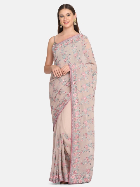 

BOMBAY SELECTIONS Beige & Pink Floral Pure Georgette Heavy Work Saree