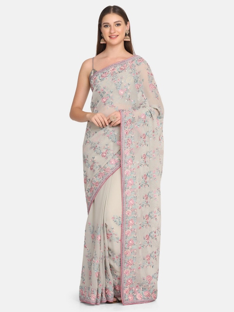 

BOMBAY SELECTIONS Green & Purple Floral Embroidered Pure Georgette Saree