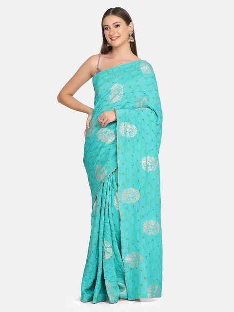 

BOMBAY SELECTIONS Green & Gold-Toned Bandhani Zari Pure Silk Bandhani Saree