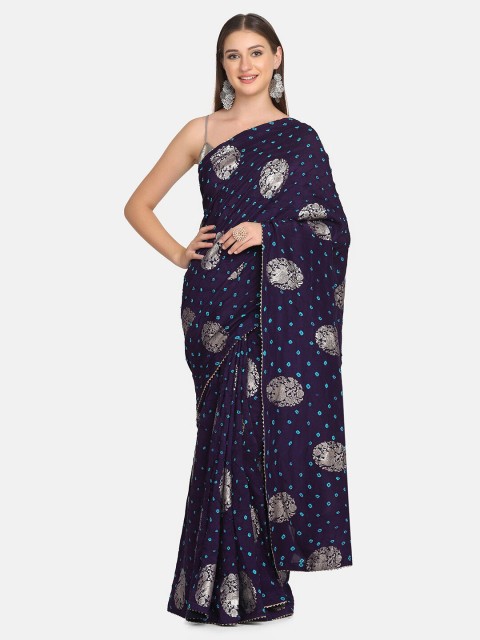 

BOMBAY SELECTIONS Blue & Silver-Toned Floral Pure Silk Bandhani Saree