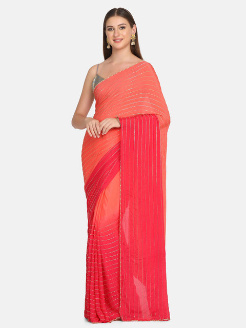 

BOMBAY SELECTIONS Pink & Peach-Coloured Striped Pure Silk Saree