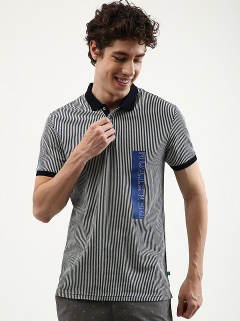 

United Colors of Benetton Men Blue Striped Polo Collar T-shirt