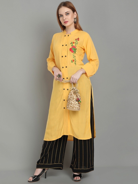 

Ziva Fashion Women Yellow Floral Embroidered Panelled Kurti with Palazzos