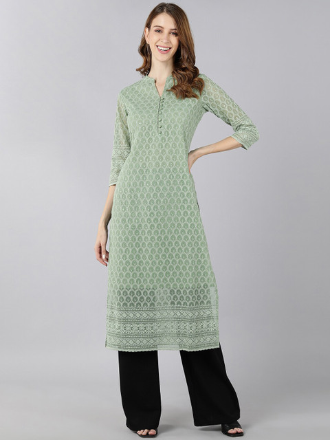 

kipek Women Light Green Ethnic Motifs Embroidered Straight Georgette Kurta