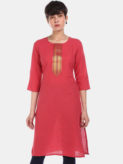 

Karigari Women Red Solid Round Neck Cotton Straight Kurta