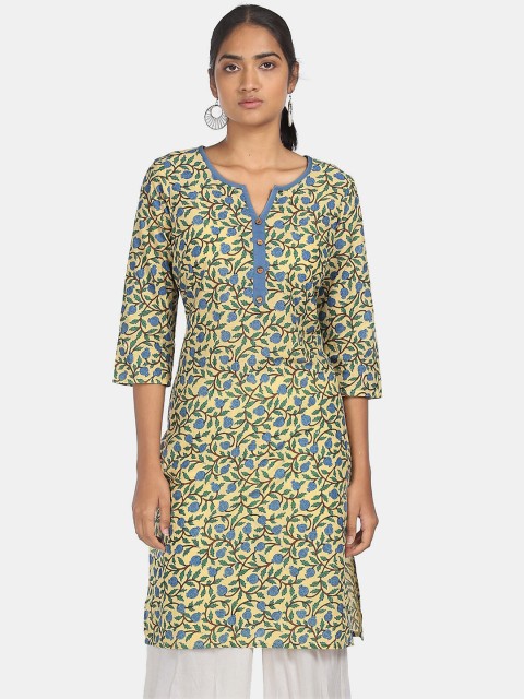 

Karigari Women Blue & Yellow Floral Printed Kurta