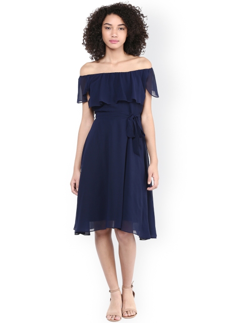 

Harpa Navy Off-Shoulder Fit & Flare Dress, Navy blue