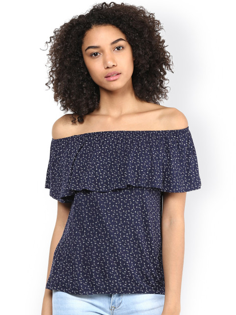 

Harpa Women Navy & Off-White Printed Bardot Top, Navy blue