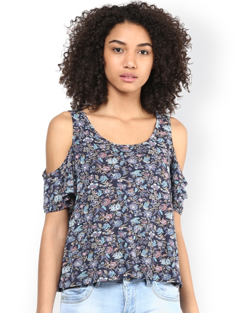 

Harpa Women Blue Floral Print Cold Shoulder Top