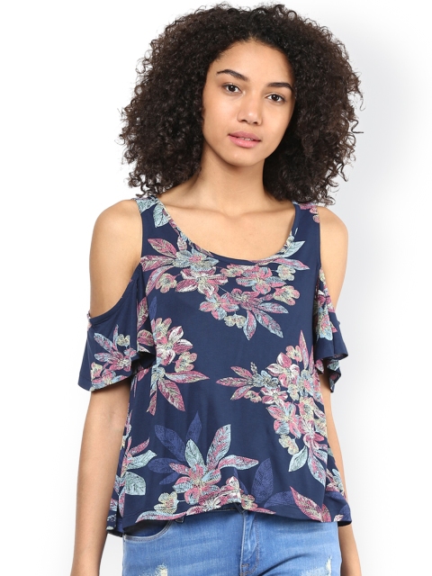 

Harpa Women Navy Floral Print Cold Shoulder Top, Navy blue