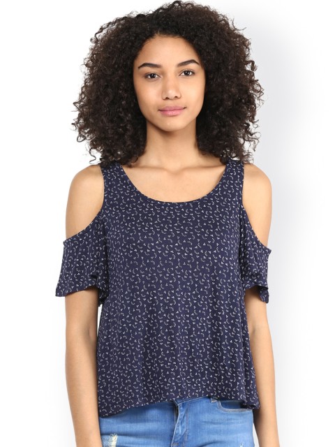 

Harpa Women Navy & Off-White Printed Cold Shoulder Top, Navy blue
