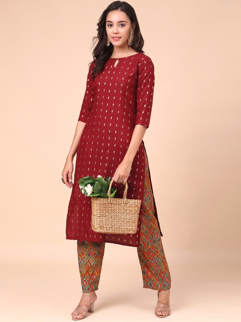 

MOKOSH Women Maroon Ethnic Motifs Printed Kurta with Trousers