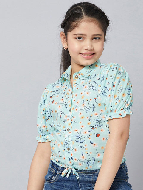 

Stylo Bug Teen girls Green cotton Floral Print flared Sleeves Shirt Style Top