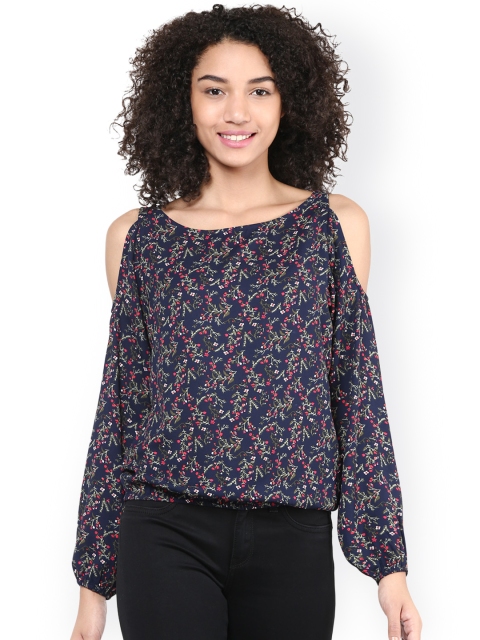

Harpa Women Navy & Pink Printed Blouson Top, Navy blue