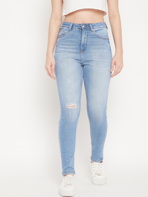 

Madame Women Blue Skinny Fit High-Rise Low Distress Heavy Fade Jeans