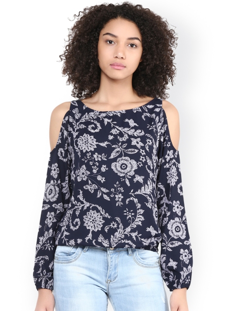 

Harpa Women Navy & Off-White Printed Blouson Top, Navy blue