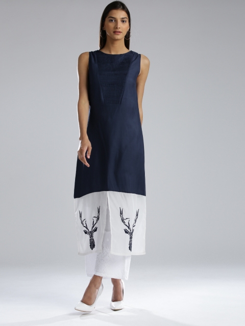 

W Women Navy & White Colourblocked Straight Kurta, Navy blue