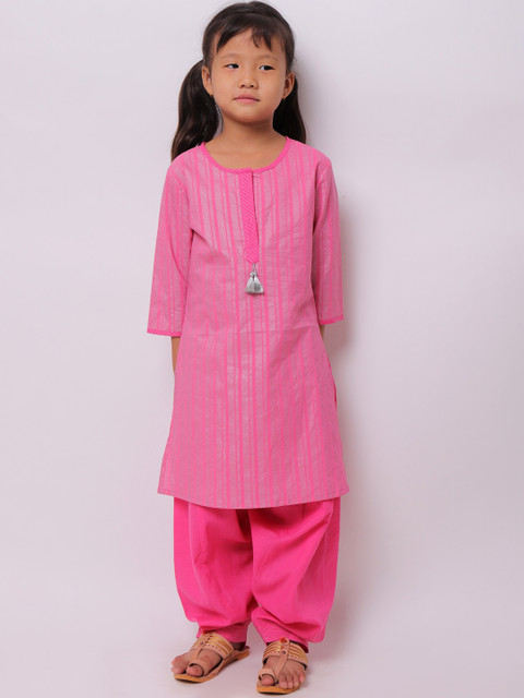 

My Little Lambs Girls Pink Striped Pure Cotton Kurta with Salwar
