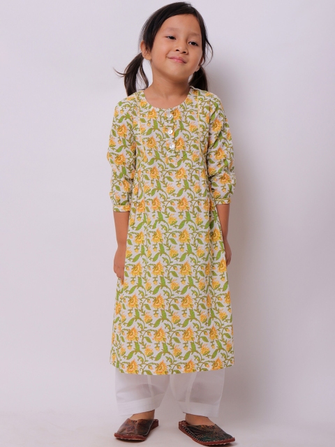 

My Little Lambs Girls Yellow Floral Printed Angrakha Pure Cotton Kurta with Palazzos