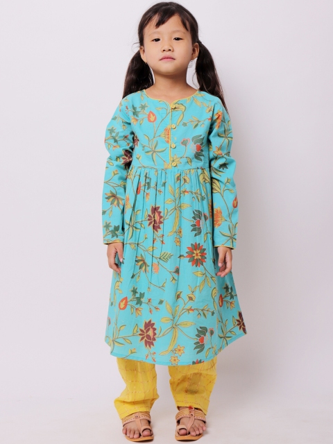 

My Little Lambs Girls Turquoise Blue Floral Printed Pleated Pure Cotton Kurta with Churidar