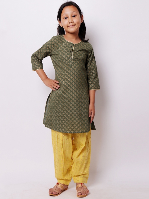 

My Little Lambs Girls Green Ethnic Motifs Printed Pure Cotton Kurta with Patiala