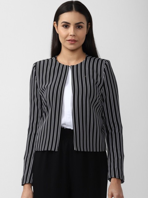 

Van Heusen Women Black & White Striped Front-Open Blazer