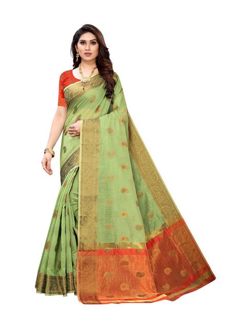 

Pisara Olive Green & Gold-Toned Woven Design Silk Cotton Chanderi Saree